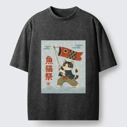 Tokyo-Tiger Koinobori Festival Cat Japanese Print Washed T-Shirt