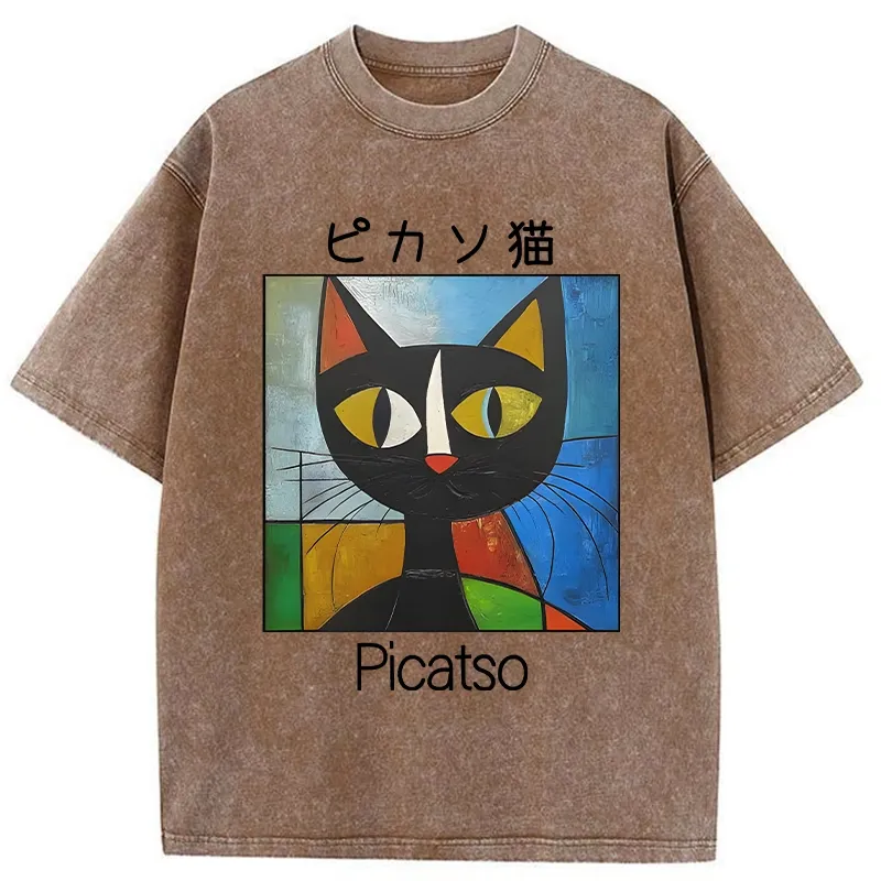 Tokyo-Tiger Funny Picasso Cat Washed T-Shirt