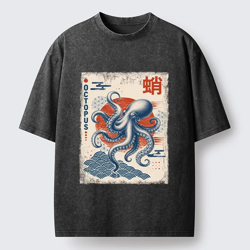 Tokyo-Tiger Vintage Japanese Octopus Wave Art Washed T-Shirt Sale
