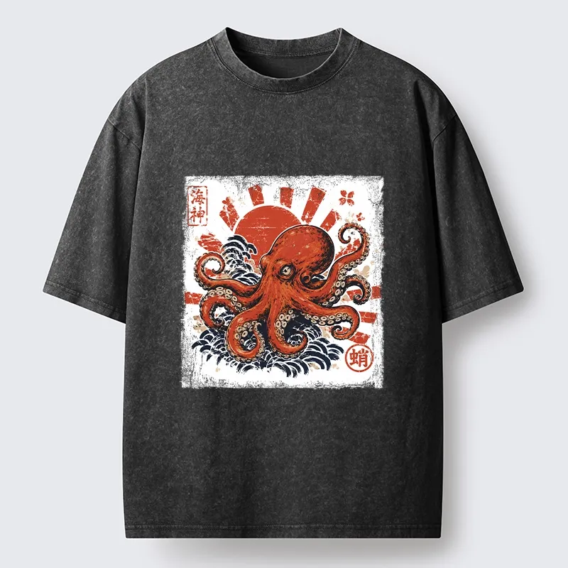 Tokyo-Tiger Bold Red Ocean Octopus Graphic Washed T-Shirt