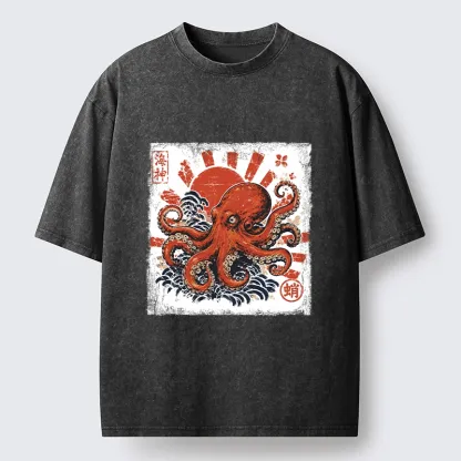 Tokyo-Tiger Bold Red Ocean Octopus Graphic Washed T-Shirt