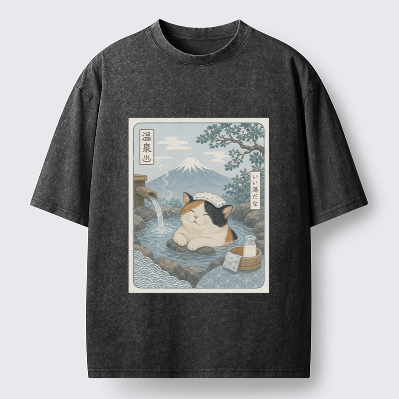 Tokyo-Tiger Mount Fuji Onsen Cat Calming Art Washed T-Shirt
