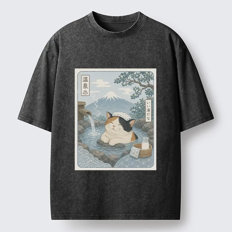 Tokyo-Tiger Mount Fuji Onsen Cat Calming Art Washed T-Shirt