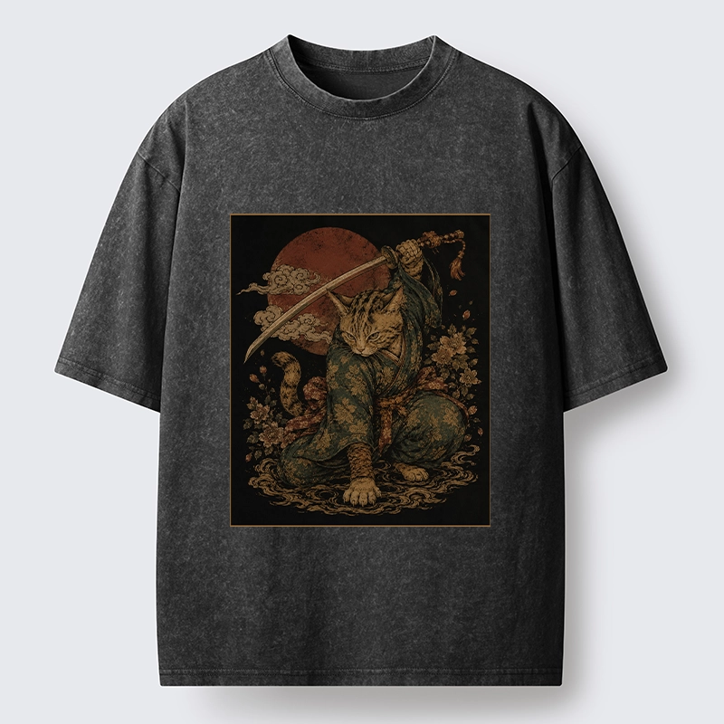 Tokyo-Tiger Samurai Cat Sword Floral Japanese Art Washed T-Shirt