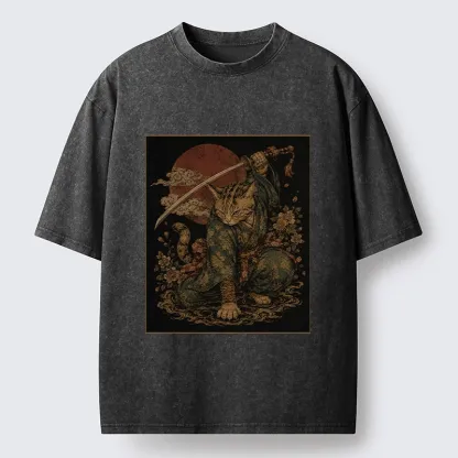 Tokyo-Tiger Samurai Cat Sword Floral Japanese Art Washed T-Shirt