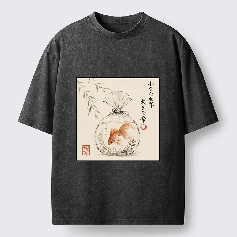 Tokyo-Tiger Goldfish Bag Minimal Ink Art Washed T-Shirt