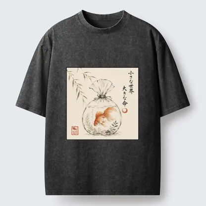 Tokyo-Tiger Goldfish Bag Minimal Ink Art Washed T-Shirt