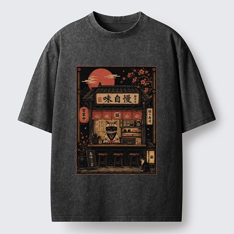 Tokyo-Tiger Cat Sushi Shop Retro Street Art Washed T-Shirt