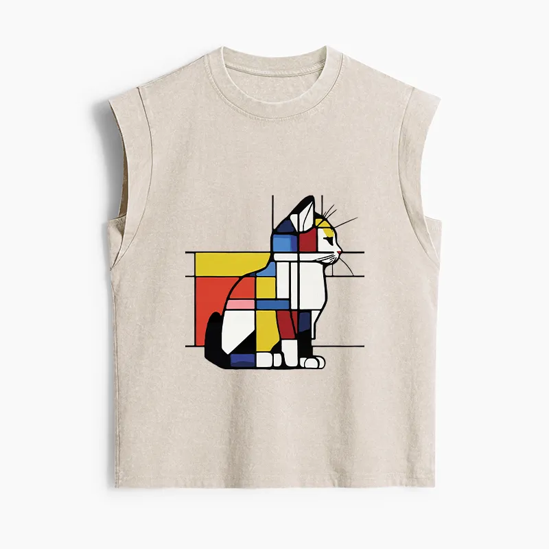 Tokyo-Tiger Geometric Cat Art In Primary Colors Women's Washed Tank Tops Sale