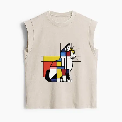 Tokyo-Tiger Geometric Cat Art In Primary Colors Women's Washed Tank Tops
