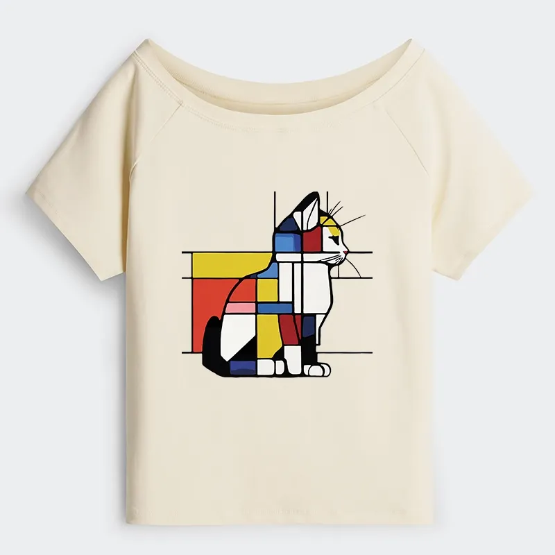 Tokyo-Tiger Geometric Cat Art In Primary Colors Off Shoulder T-Shirt