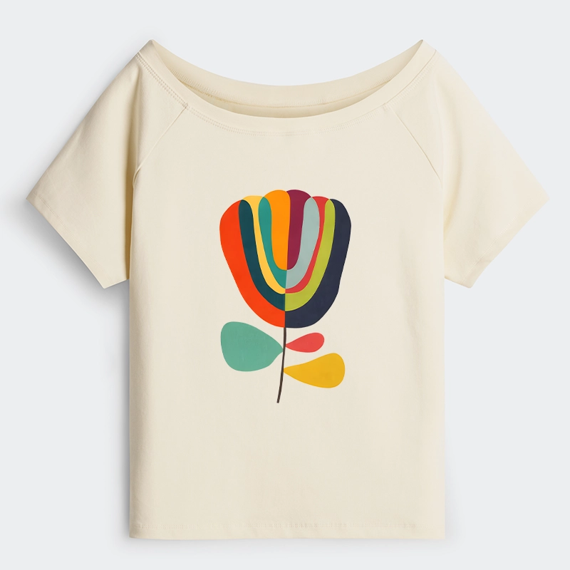 Tokyo-Tiger Colorful Flower Minimalist Print Off Shoulder T-Shirt