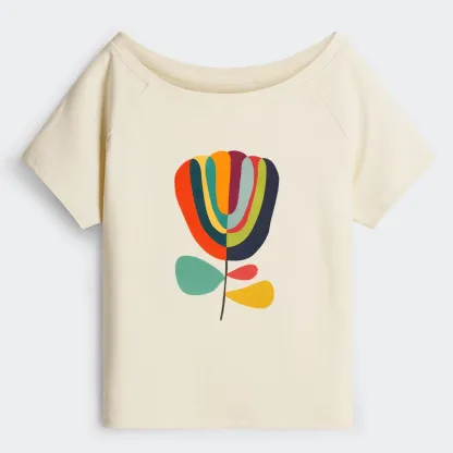 Tokyo-Tiger Colorful Flower Minimalist Print Off Shoulder T-Shirt