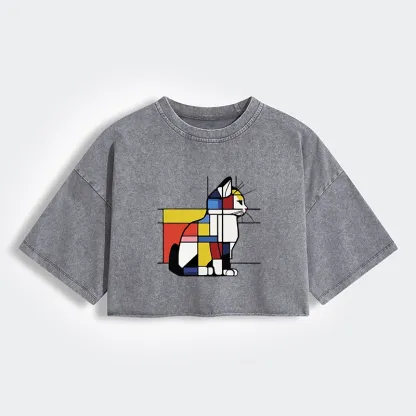 Tokyo-Tiger Geometric Cat Art In Primary Colors Women's Washed Crop T-Shirt