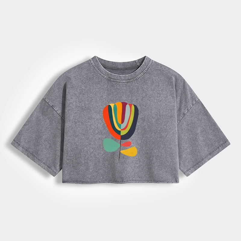 Tokyo-Tiger Colorful Flower Minimalist Print Women's Washed Crop T-Shirt