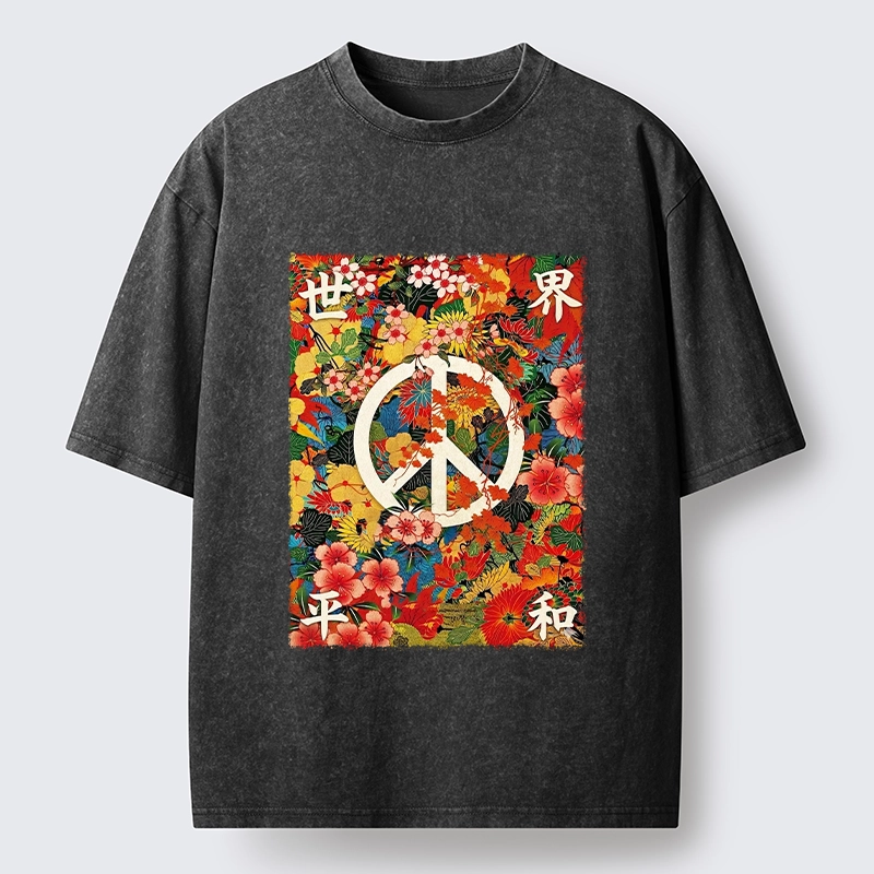 Tokyo-Tiger Bright Blooms Bring Global Calm Peace Washed T-Shirt