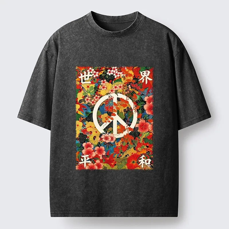 Tokyo-Tiger Bright Blooms Bring Global Calm Peace Washed T-Shirt