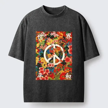 Tokyo-Tiger Bright Blooms Bring Global Calm Peace Washed T-Shirt