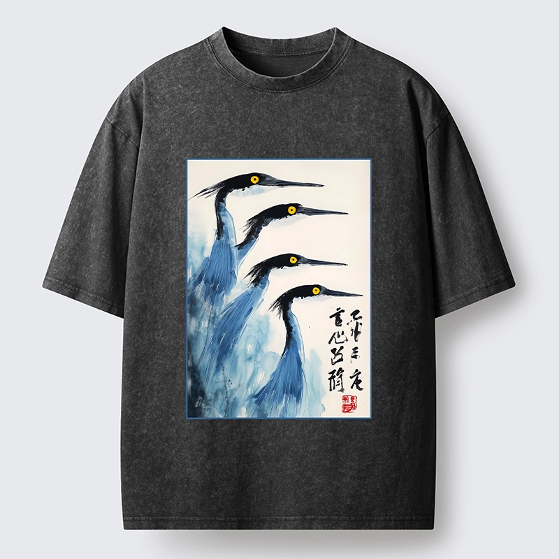 Tokyo-Tiger Brush Strokes Draw Graceful Water Birds Washed T-Shirt