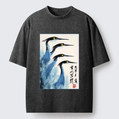 Tokyo-Tiger Brush Strokes Draw Graceful Water Birds Washed T-Shirt