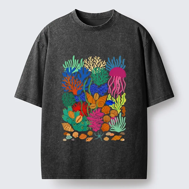 Tokyo-Tiger Bright Sea Garden Full Of Sea Friends Washed T-Shirt