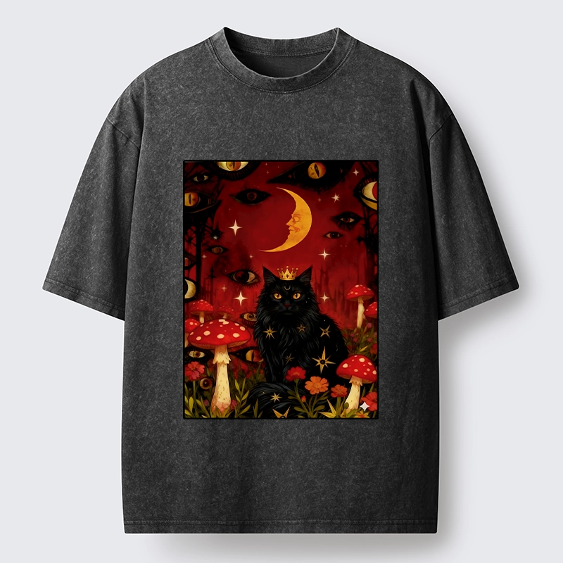 Tokyo-Tiger Mystic Cat Amid Red Spotted Mushrooms Washed T-Shirt