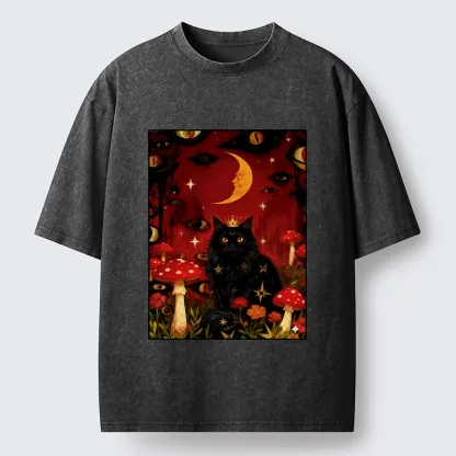 Tokyo-Tiger Mystic Cat Amid Red Spotted Mushrooms Washed T-Shirt
