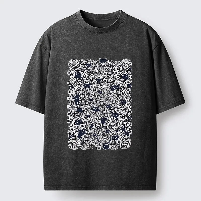 Tokyo-Tiger Tiny Black Cats Hide In Yarn Balls Washed T-Shirt Sale