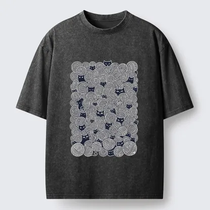 Tokyo-Tiger Tiny Black Cats Hide In Yarn Balls Washed T-Shirt