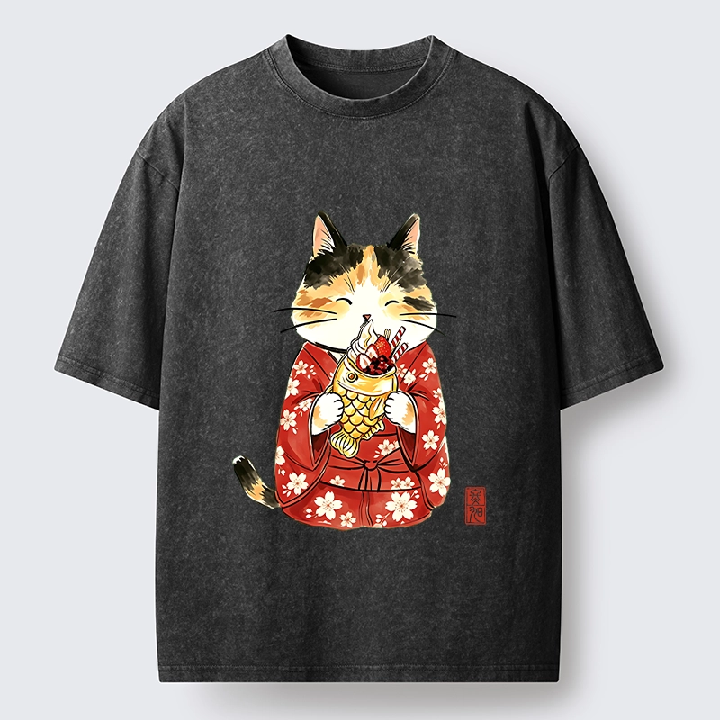 Tokyo-Tiger Enjoying Japanese Taiyaki Washed T-Shirt