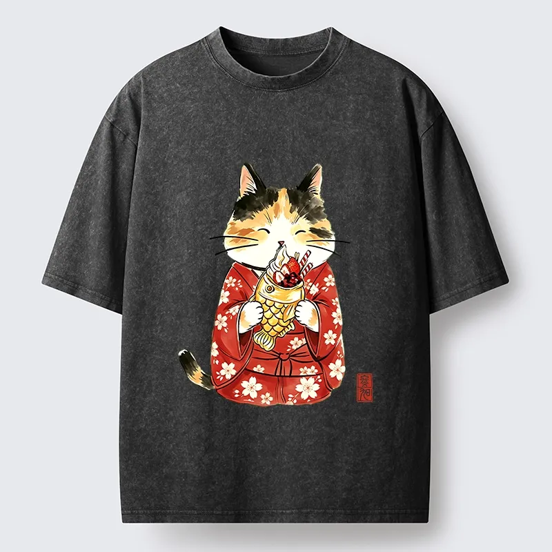 Tokyo-Tiger Enjoying Japanese Taiyaki Washed T-Shirt Sale