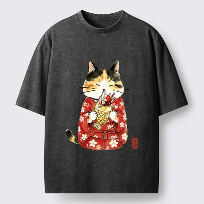 Tokyo-Tiger Enjoying Japanese Taiyaki Washed T-Shirt
