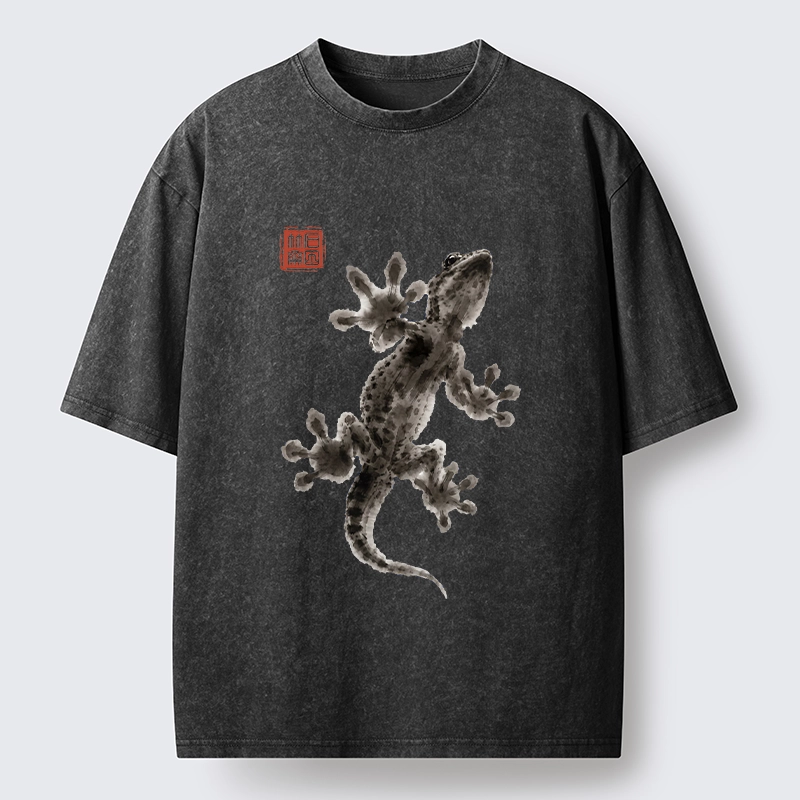 Tokyo-Tiger Minimal Asian Ink Brush Gecko Vibe Washed T-Shirt