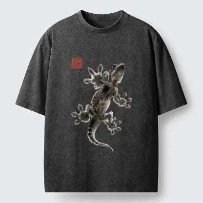 Tokyo-Tiger Minimal Asian Ink Brush Gecko Vibe Washed T-Shirt