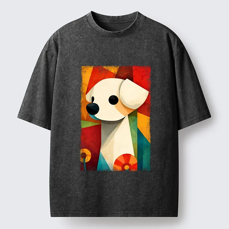 Tokyo-Tiger Retro Abstract Color Block Puppy Art Washed T-Shirt