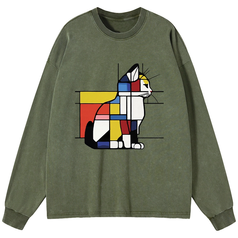 Tokyo-Tiger Geometric Cat Art In Primary Colors Washed Long Sleeve T-Shirt