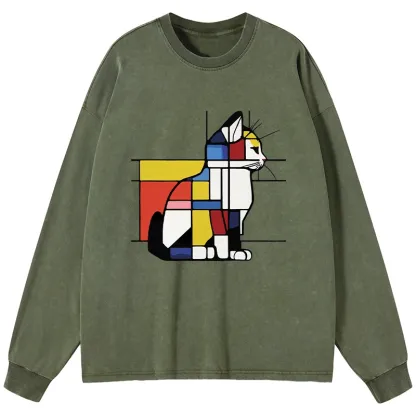 Tokyo-Tiger Geometric Cat Art In Primary Colors Washed Long Sleeve T-Shirt