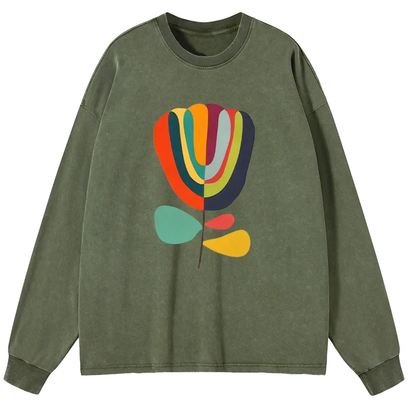 Tokyo-Tiger Colorful Flower Minimalist Print Washed Long Sleeve T-Shirt