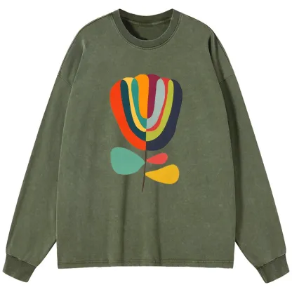 Tokyo-Tiger Colorful Flower Minimalist Print Washed Long Sleeve T-Shirt