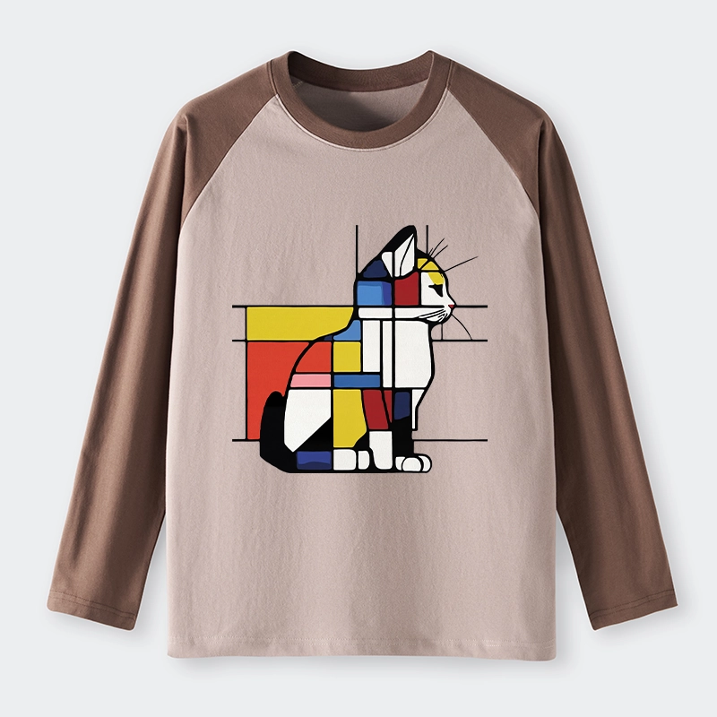 Tokyo-Tiger Geometric Cat Art In Primary Colors Raglan Long Sleeve T-shirt