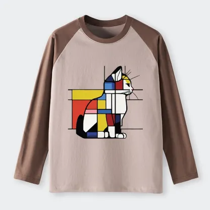 Tokyo-Tiger Geometric Cat Art In Primary Colors Raglan Long Sleeve T-shirt