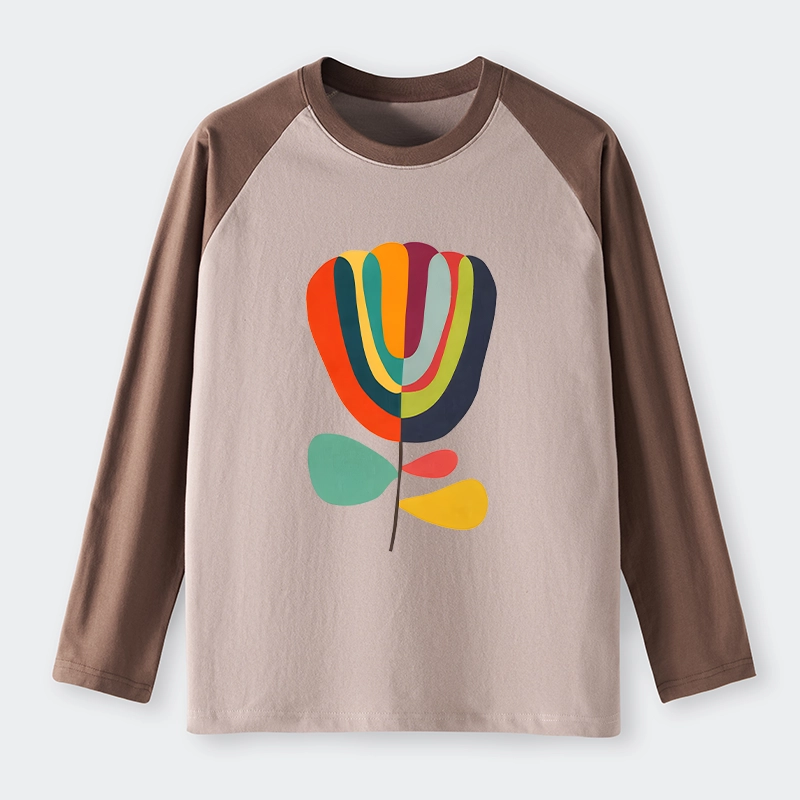Tokyo-Tiger Colorful Flower Minimalist Print Raglan Long Sleeve T-shirt