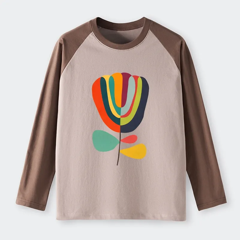 Tokyo-Tiger Colorful Flower Minimalist Print Raglan Long Sleeve T-shirt