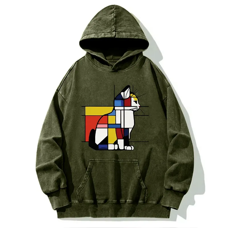 Tokyo-Tiger Geometric Cat Art In Primary Colors Washed Hoodie