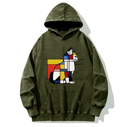 Tokyo-Tiger Geometric Cat Art In Primary Colors Washed Hoodie