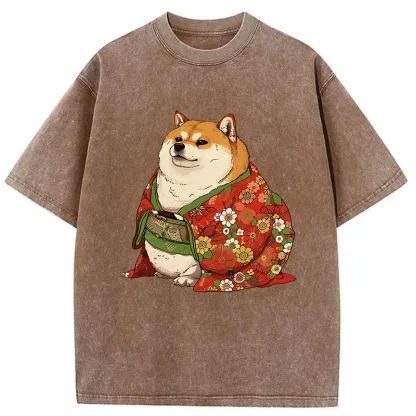 Tokyo-Tiger Shiba Inu Wearing Kimono Washed T-Shirt