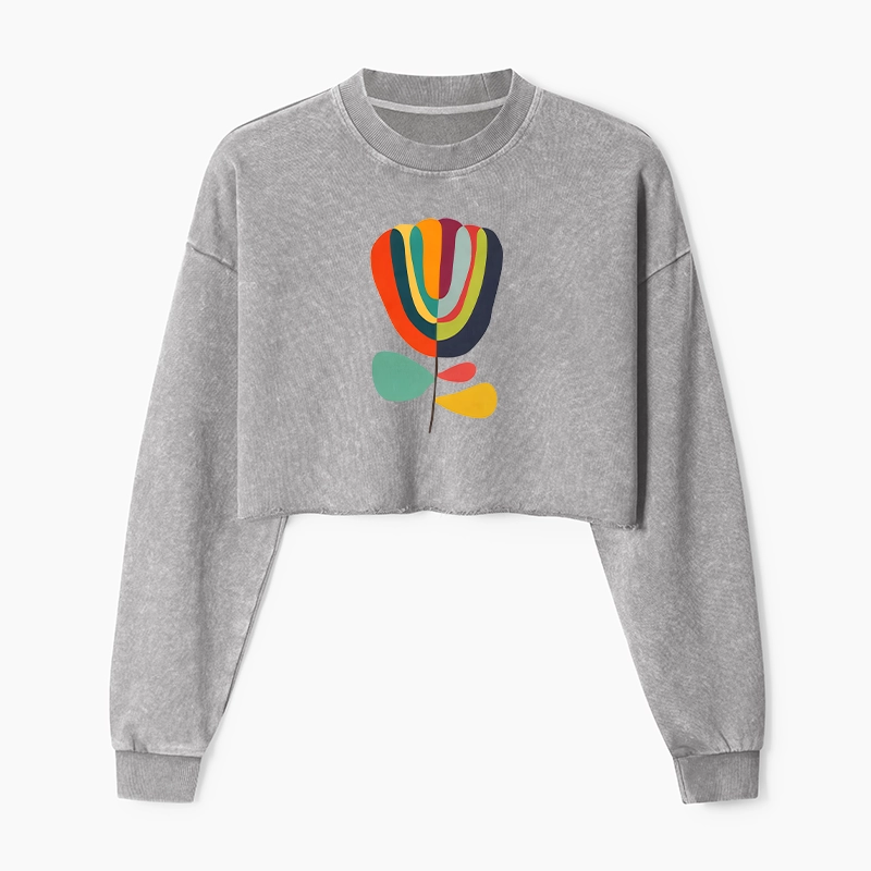 Tokyo-Tiger Colorful Flower Minimalist Print Washed Crop Sweatshirt