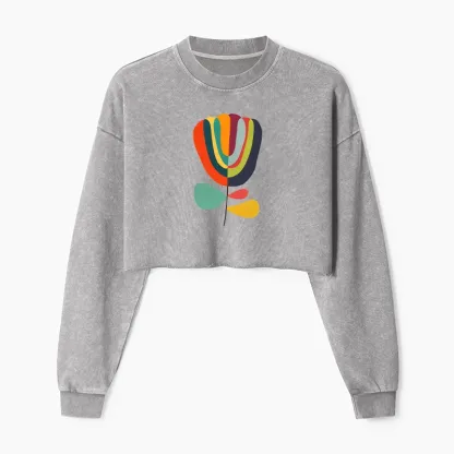 Tokyo-Tiger Colorful Flower Minimalist Print Washed Crop Sweatshirt