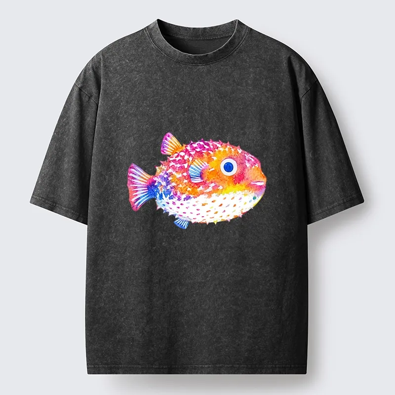Tokyo-Tiger Rainbow Watercolor Puffer Fish Art Washed T-Shirt