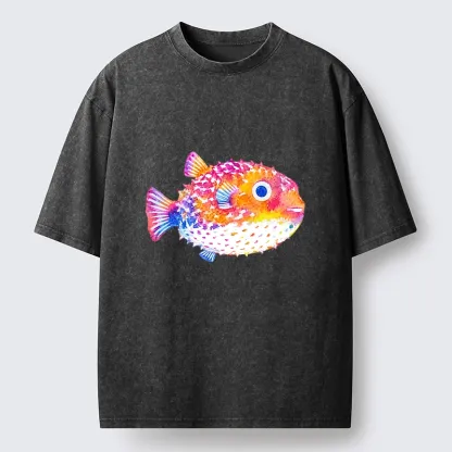 Tokyo-Tiger Rainbow Watercolor Puffer Fish Art Washed T-Shirt